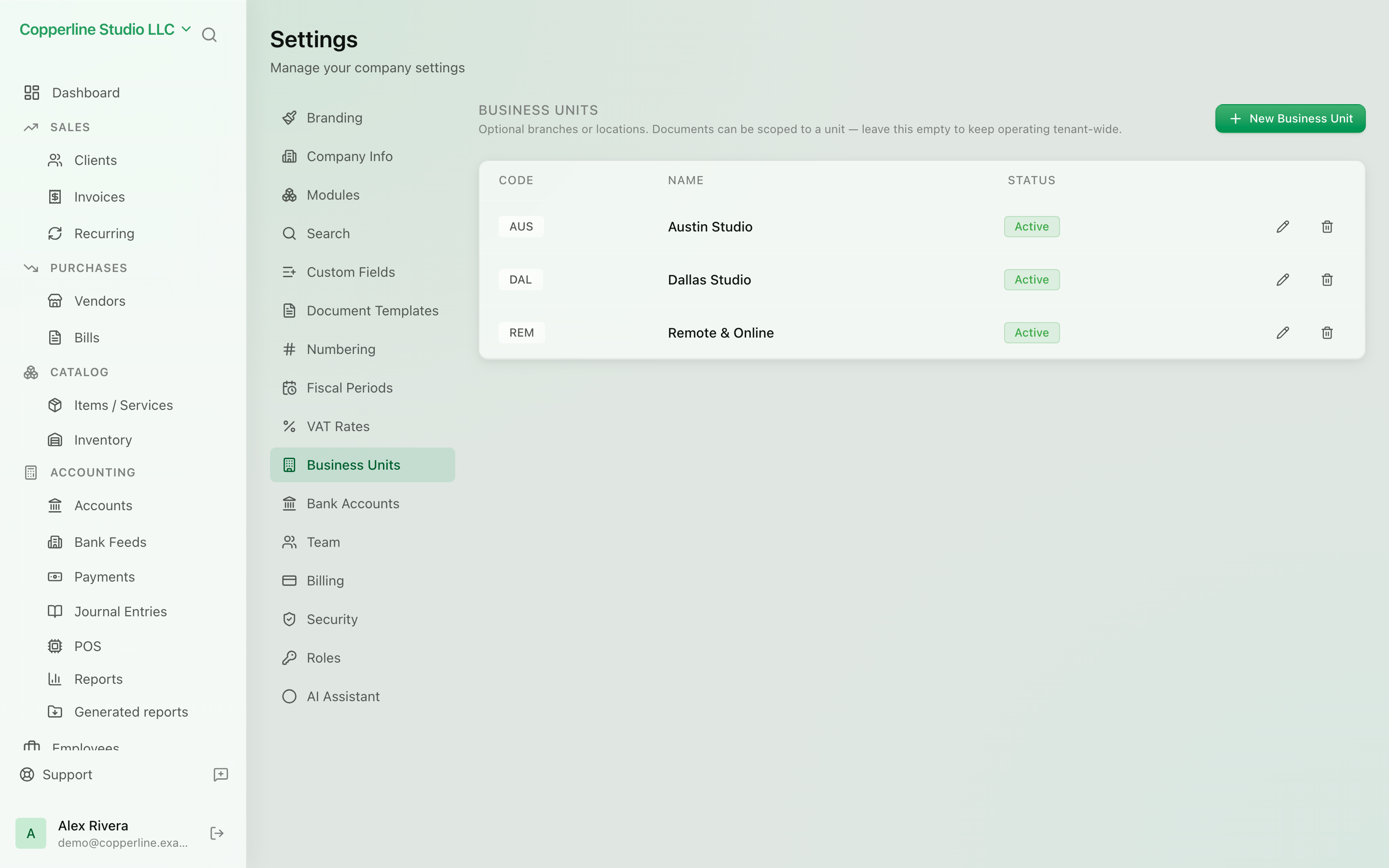 The Business units screen in Nefin