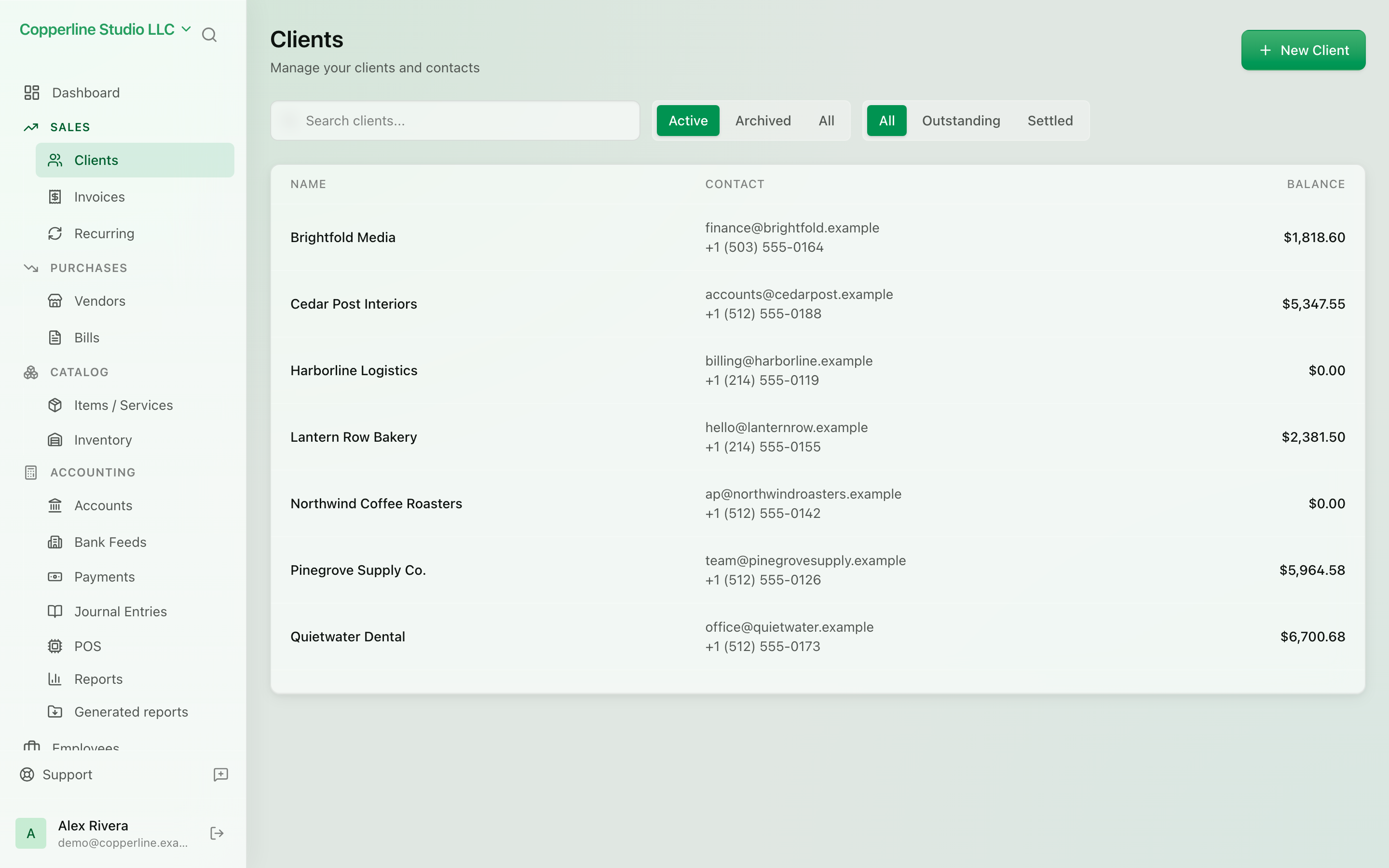 The Client management screen in Nefin