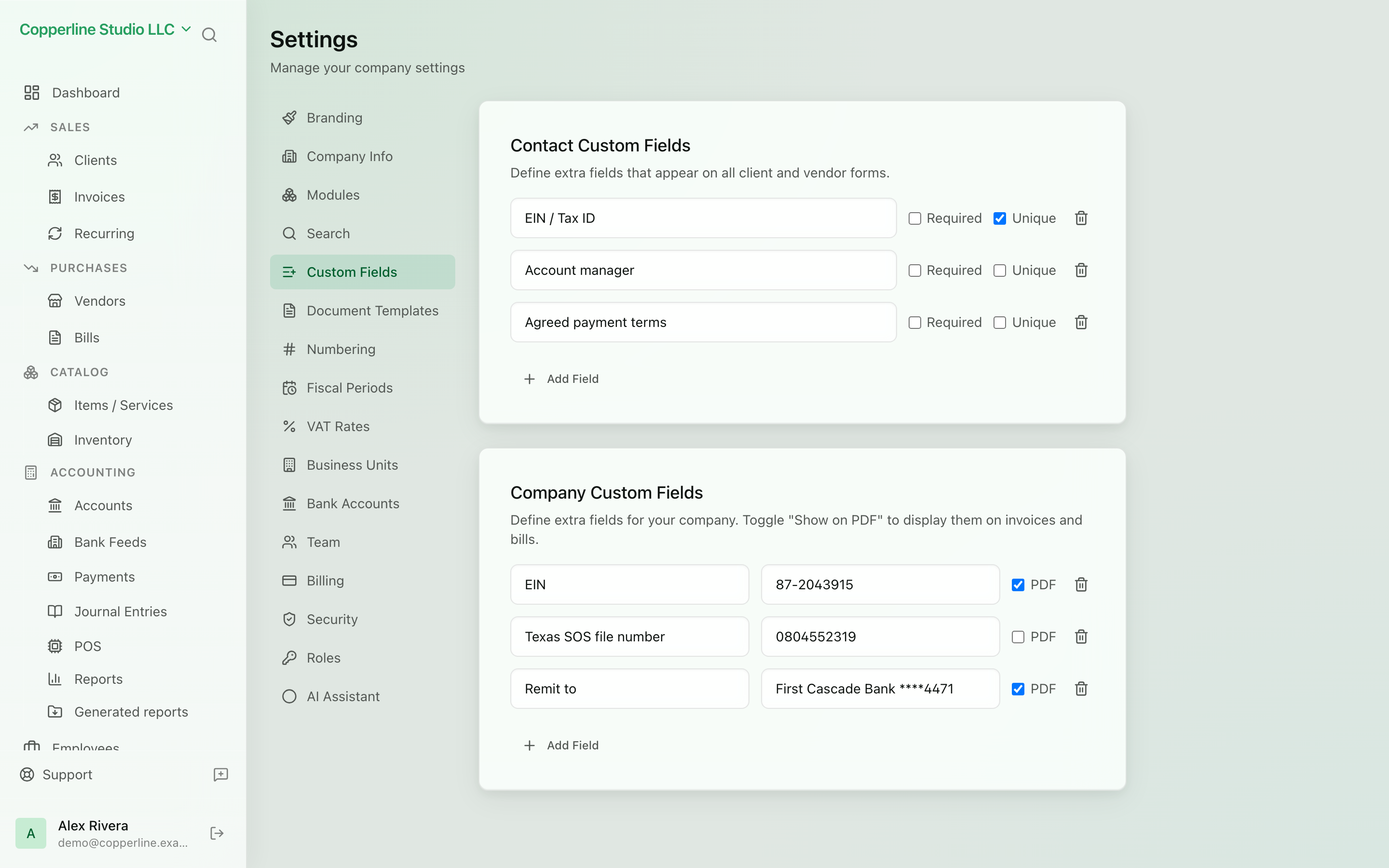 The Custom fields screen in Nefin