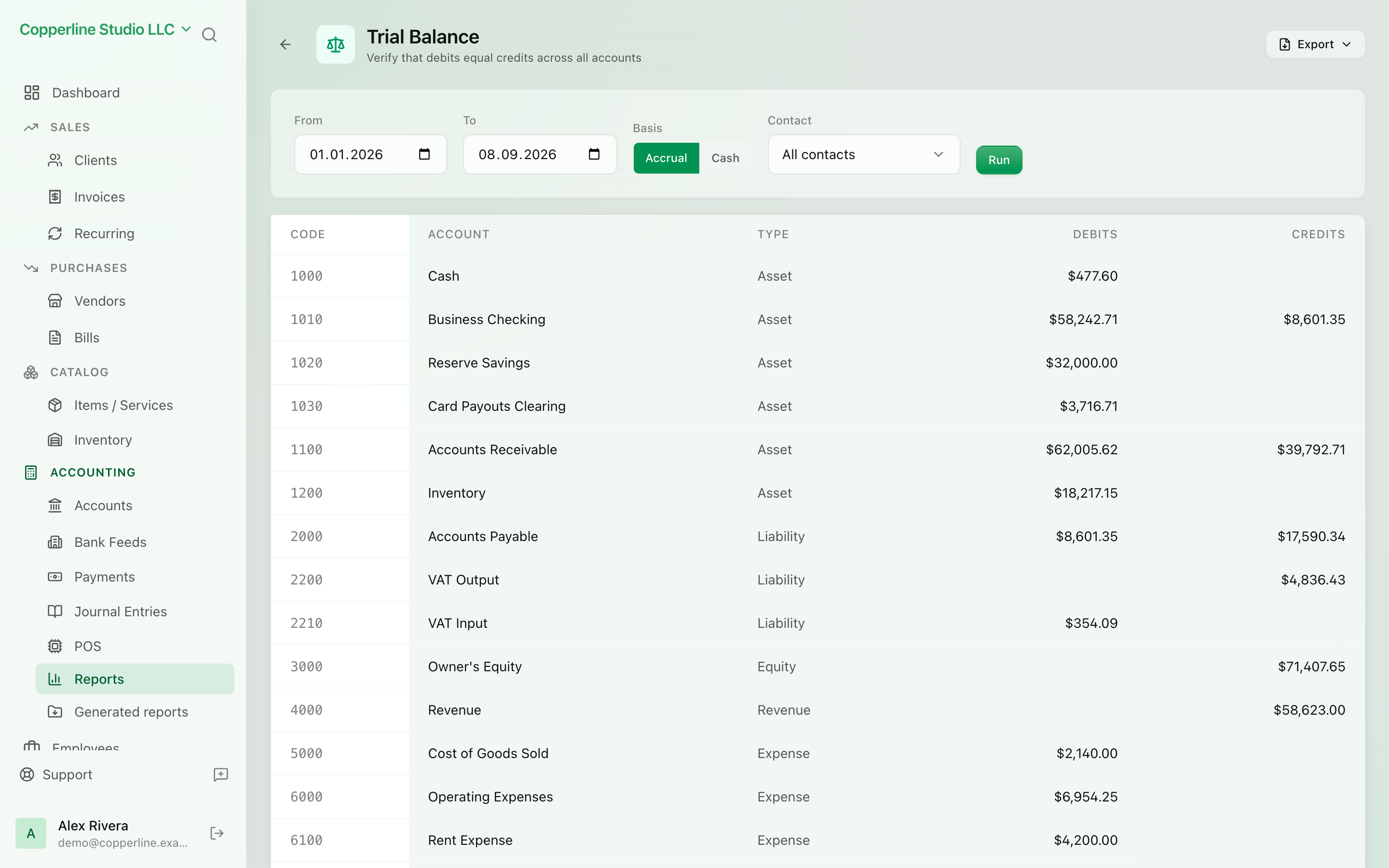 The Financial reports screen in Nefin