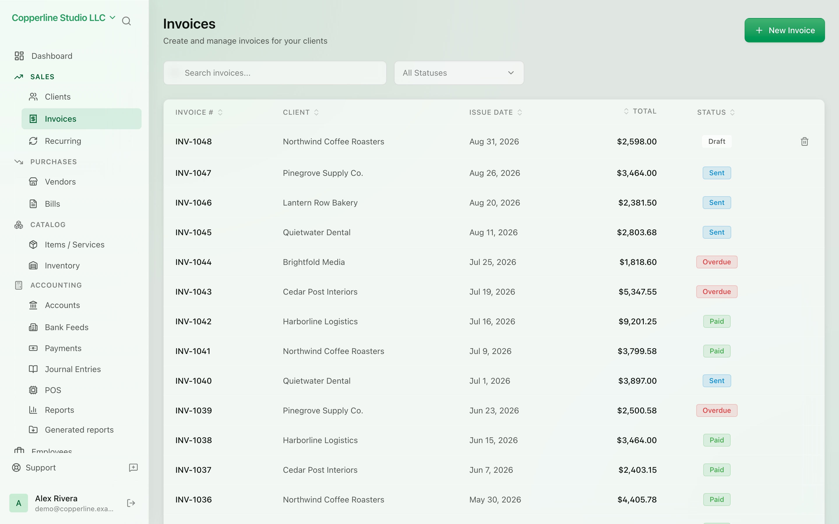 The Invoicing screen in Nefin