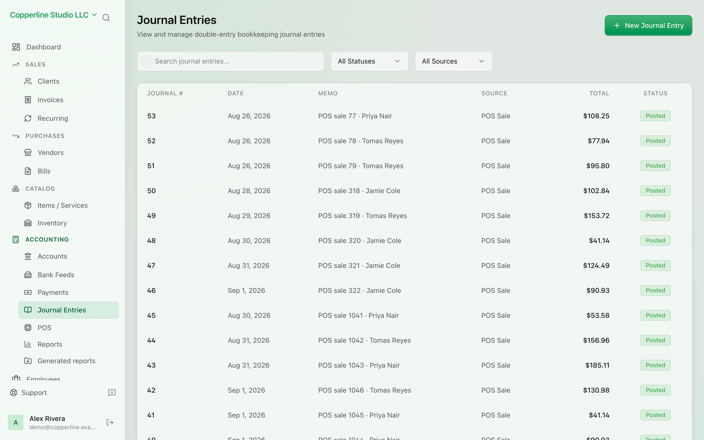 The Journal entries screen in Nefin