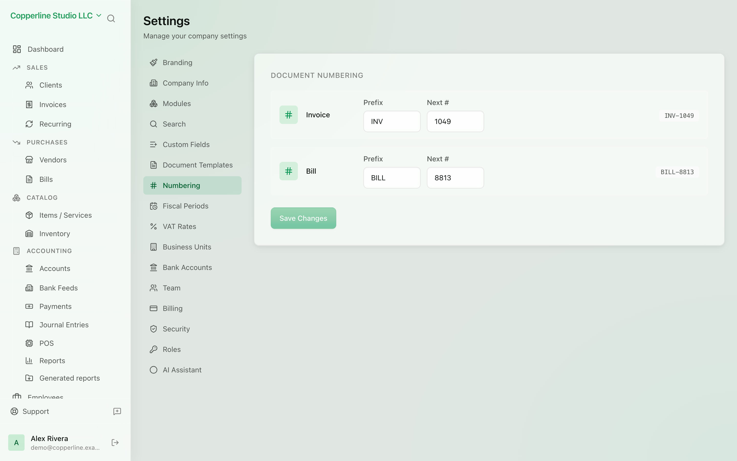 The Numbering schemes screen in Nefin