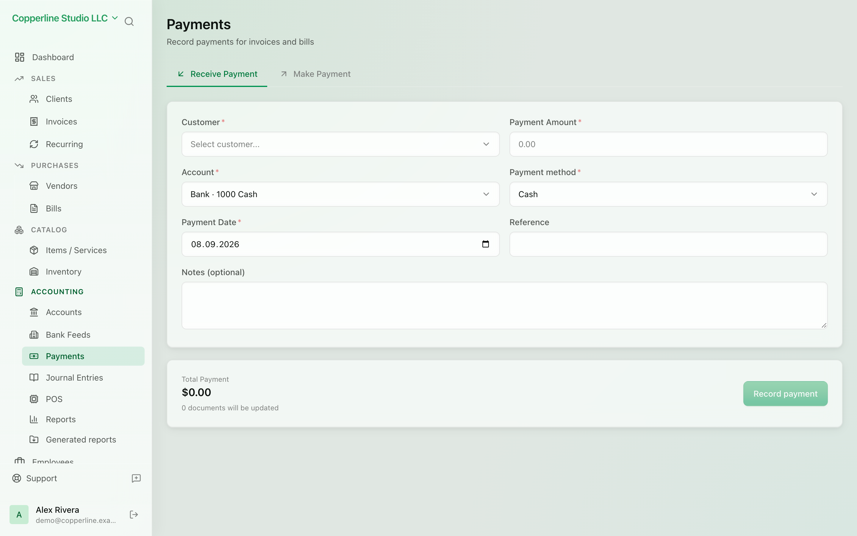 The Payments screen in Nefin