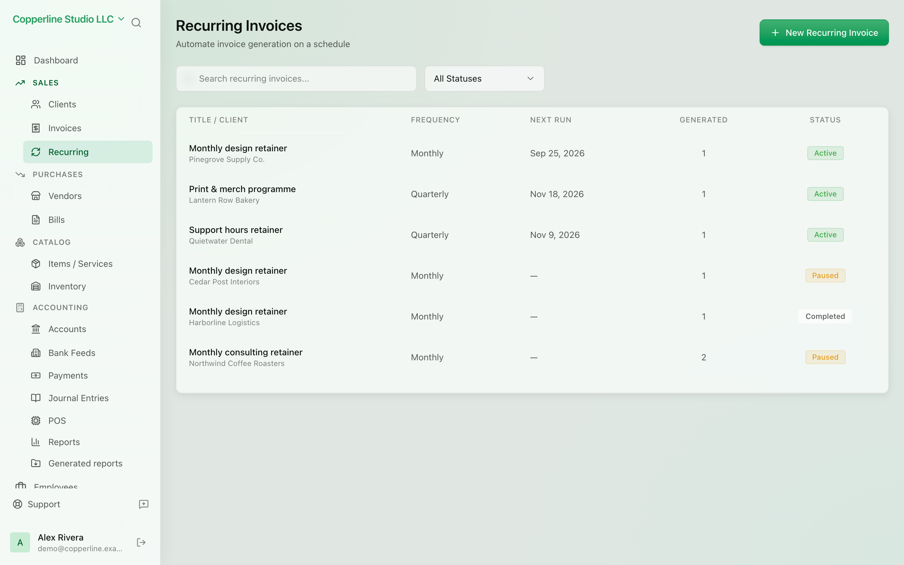 The Recurring invoices screen in Nefin