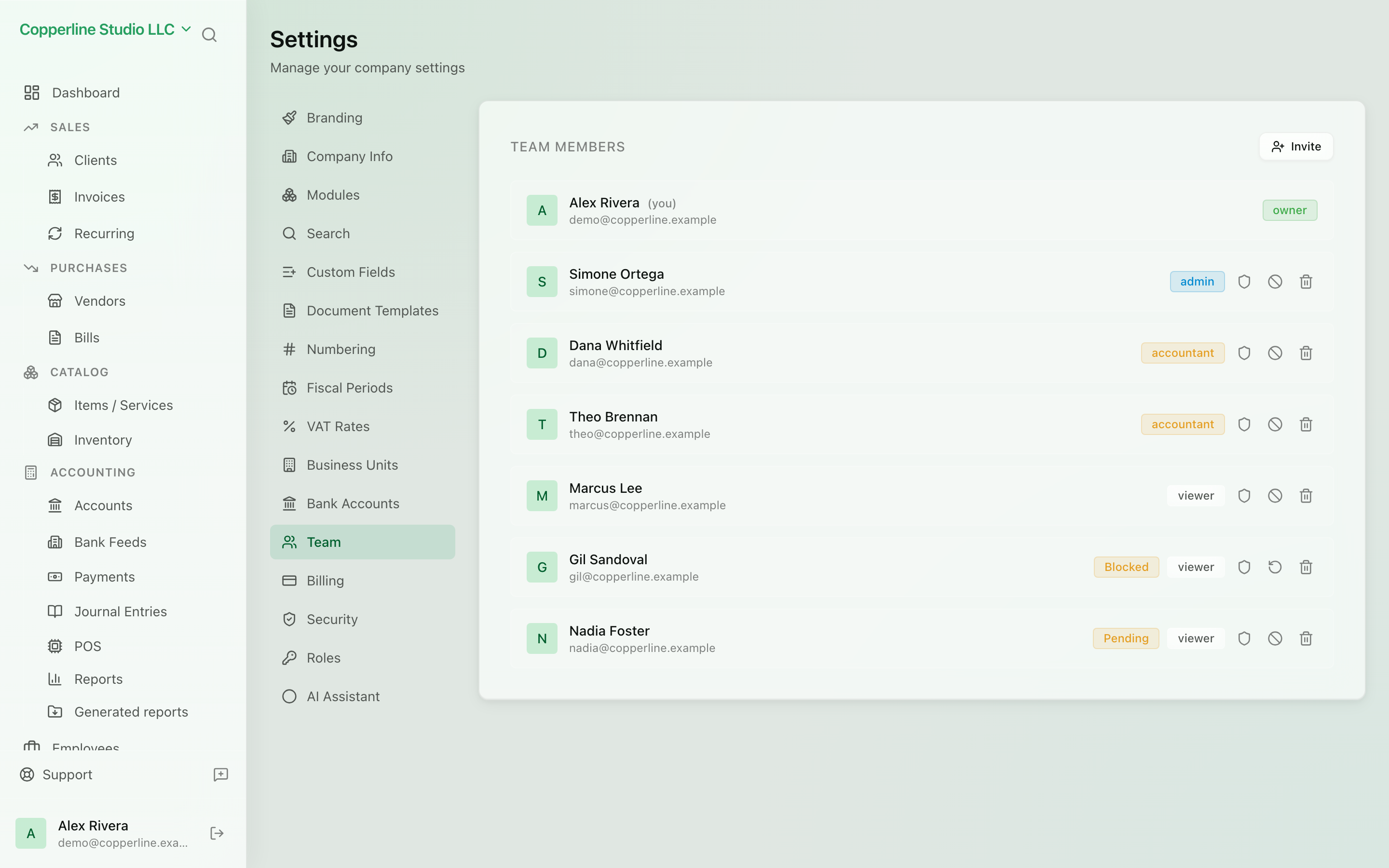The Team management screen in Nefin