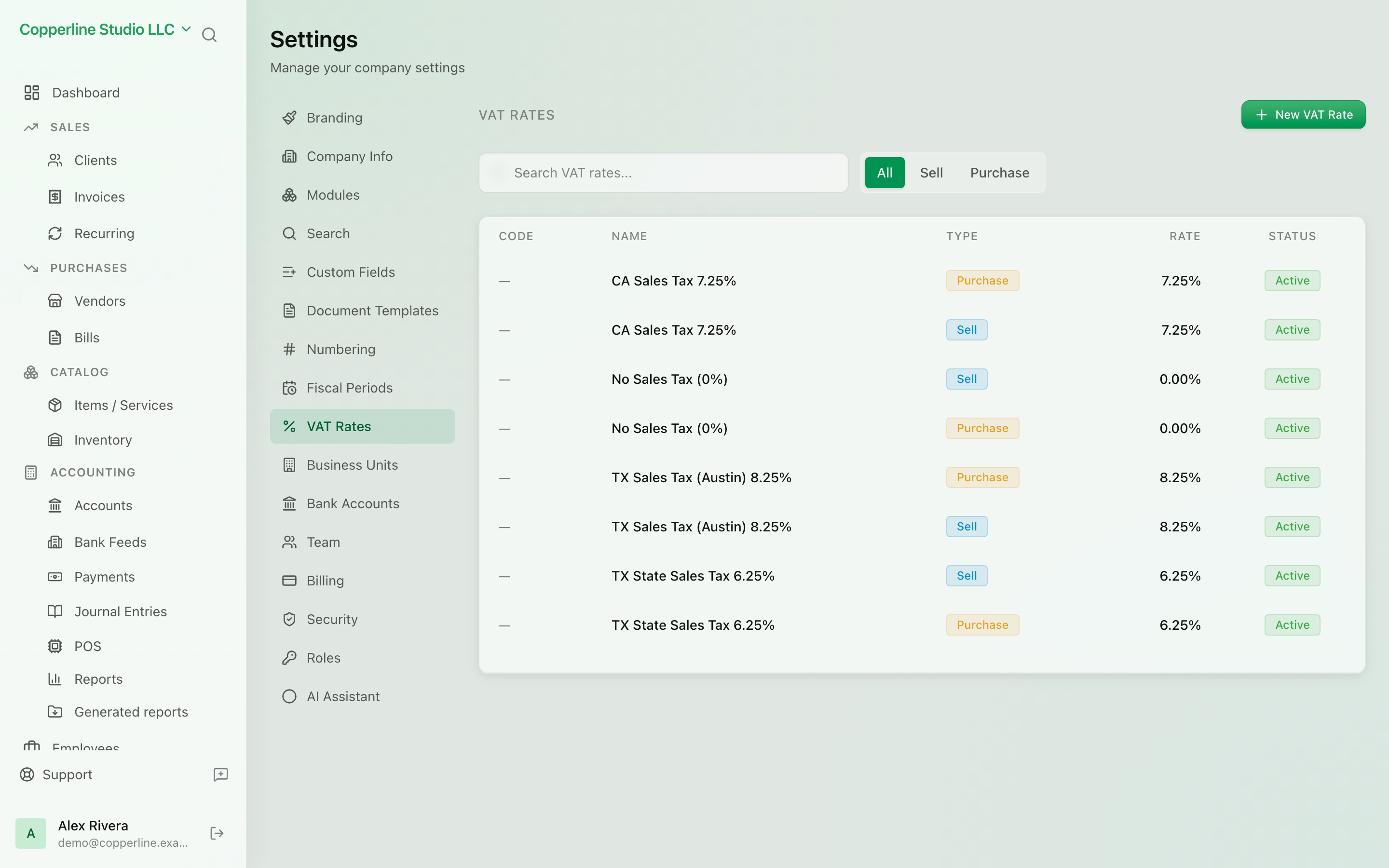 The VAT & tax rates screen in Nefin